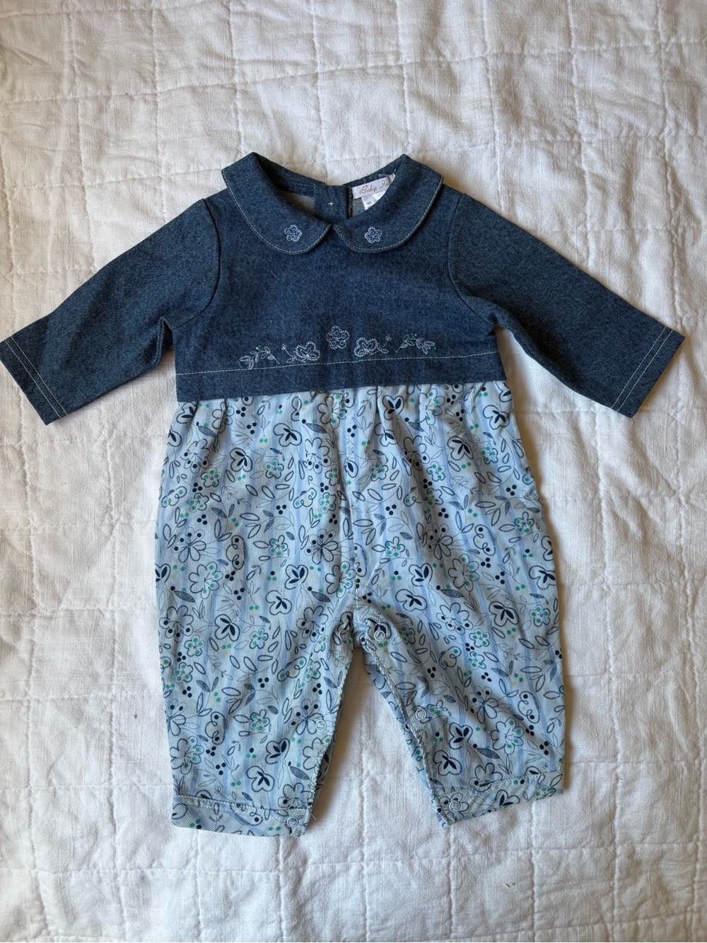 Baby Inc. Blue Floral Denim Cotton Baby Girl Romper Embroidered 3-6 Months